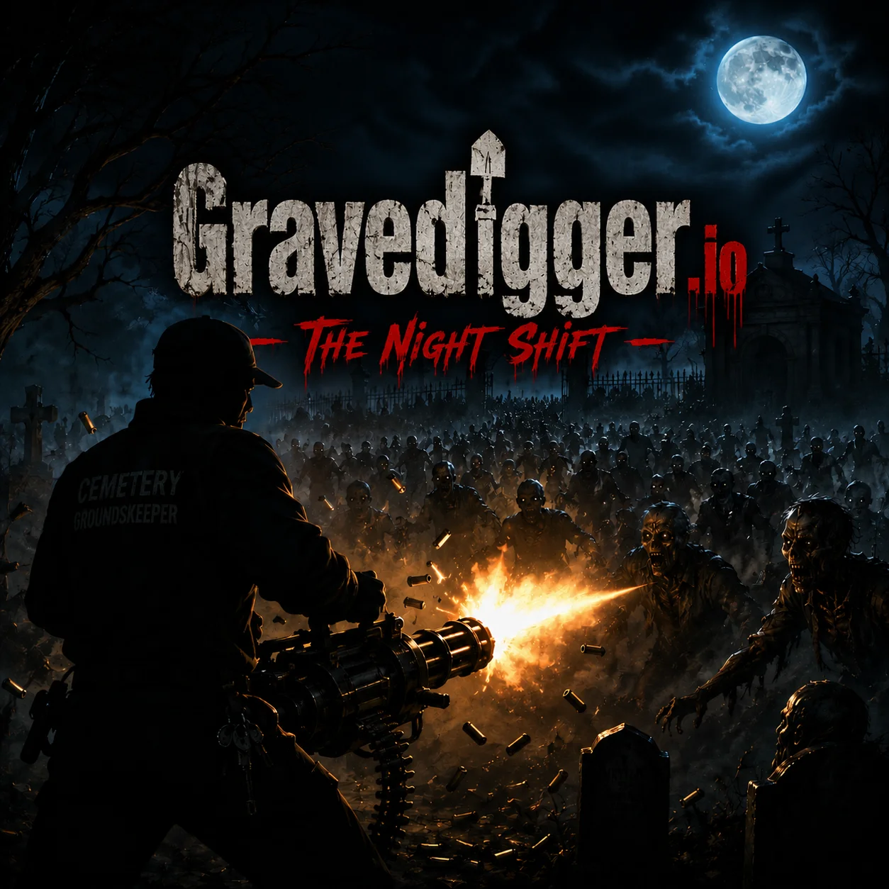 Gravedigger.io first-person graveyard night scene with zombies and fog