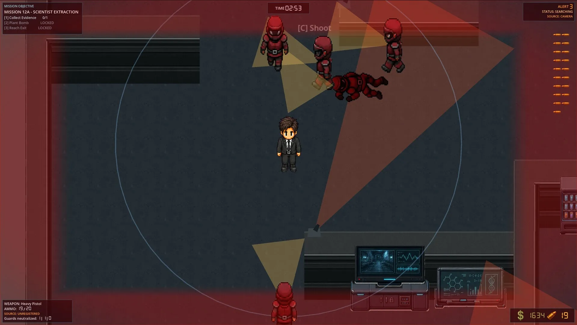Oleander-X pixel art protagonist sneaking through a guarded facility corridor