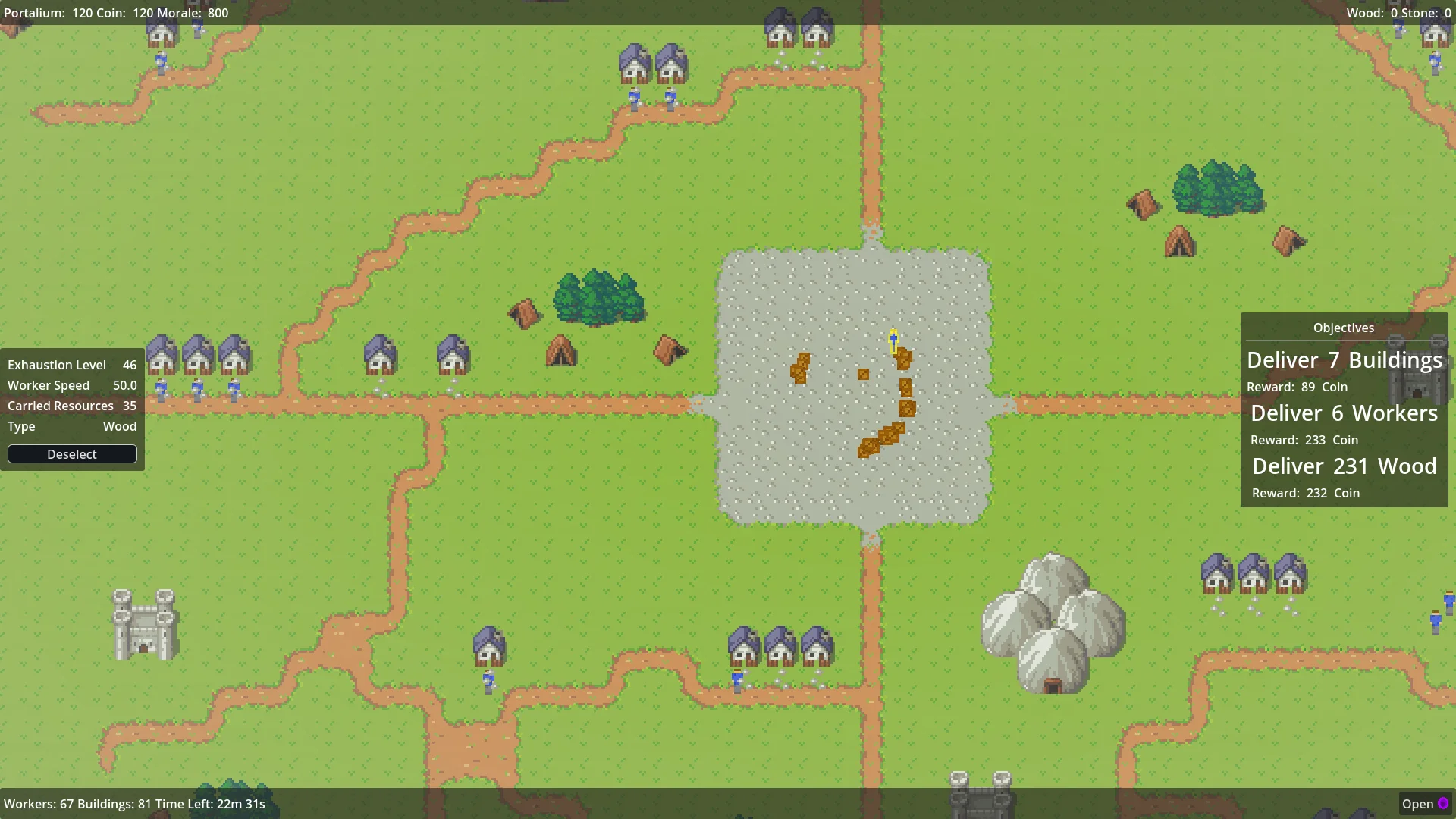Gameplay showing workers harvesting resources near the portal