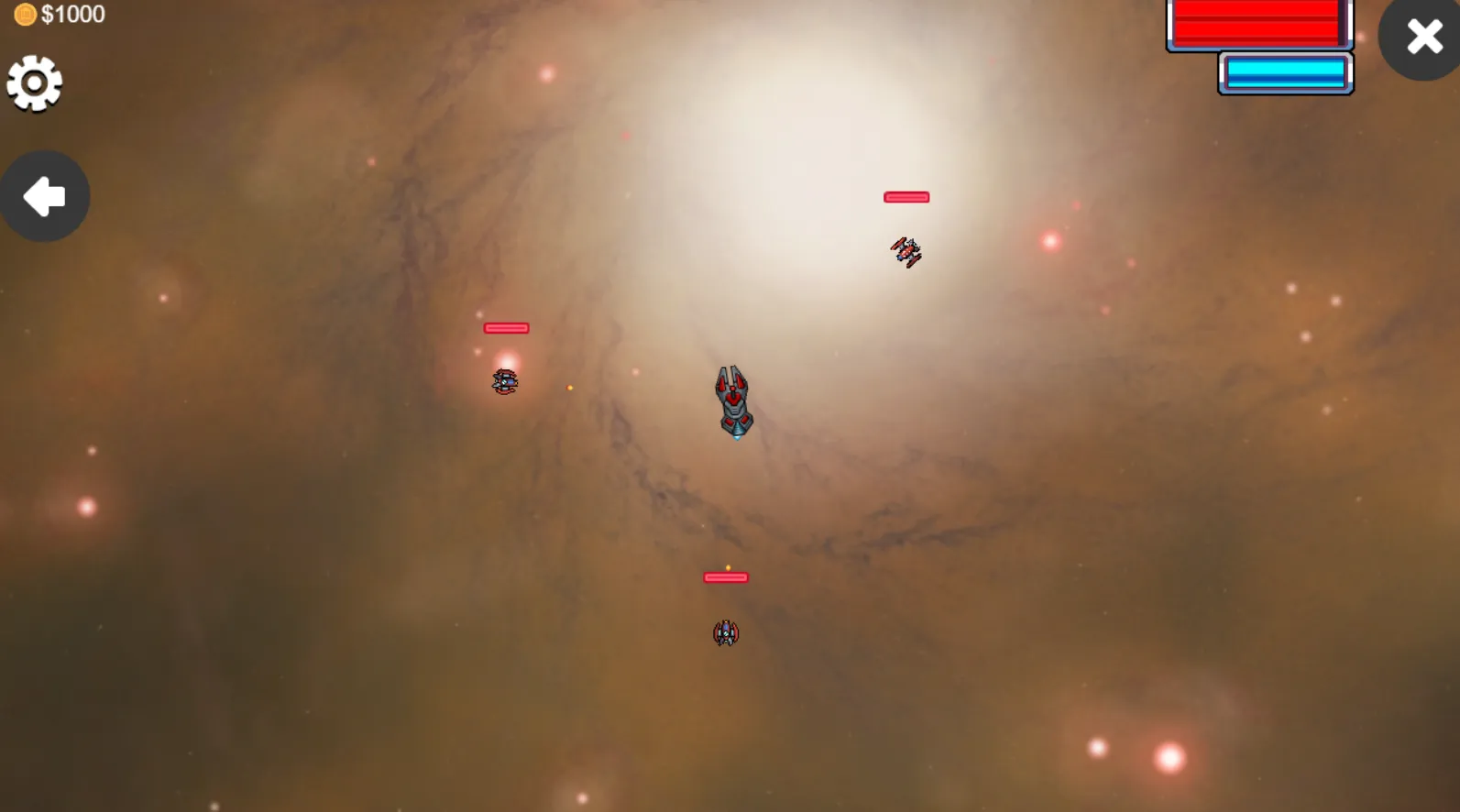 Player ship navigating through asteroid field while evading enemy fire